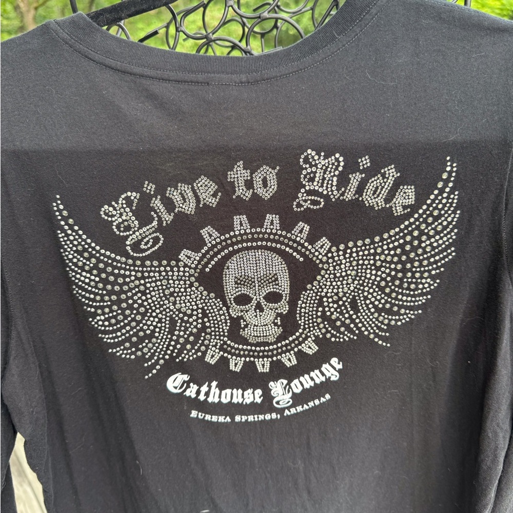 Biker women’s Black Long Sleeve Top with Rhinestone Design